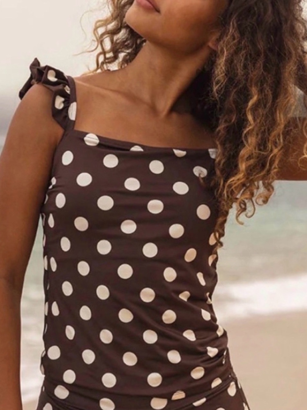 Brown Polka Dot Ruffle-Strap Tankini